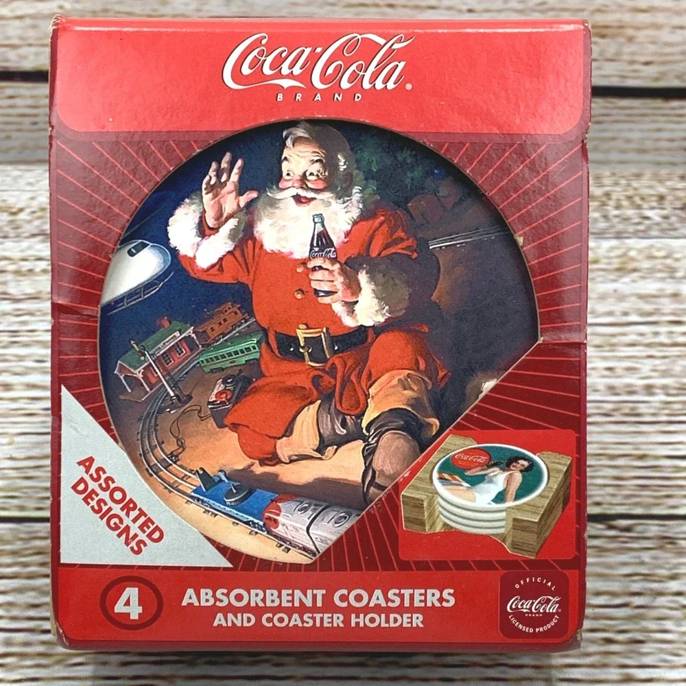 Coca-Cola Santa Train Absorbent Stone Coasters 4 Pack with Holder Vintage‎ Coke